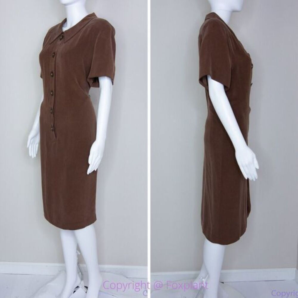 Vintage Spenser Jeremy 100% silk button down short‎ sleeves brown midi dress, 16 - Picture 4 of 16